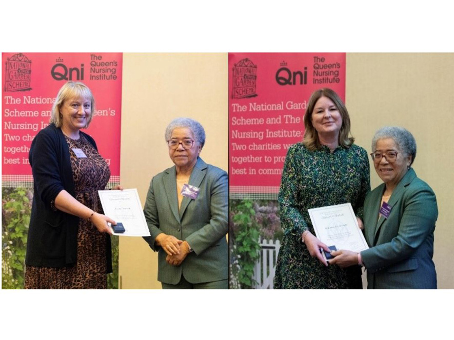 Admiral Nurses Rachel Watson and Sharron Tolman receiving the Queen’s Nurse award from the Queen’s Nursing Institute, standing alongside a representative.